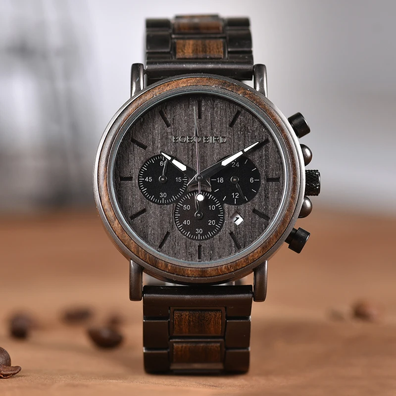 BOBO BIRD Chronograph Men Watch Wooden Luxury Stainless Steel Quartz Wristwatches with Calendar erkek kuvars saatler