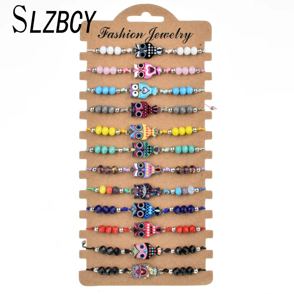 

12 pcs/set Crystal Beads Cute Enamel Owl Child Bracelets Women Girl Adjustable Colorful Braided Rope Bracelet Wristband Jewelry