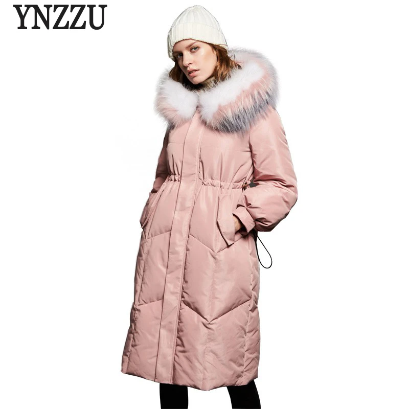 Korean 2018 New Winter Women's Down Jacket Casual Long Pink Thick Warm Hooded with fur Collar White Duck Down Coat Women AO591