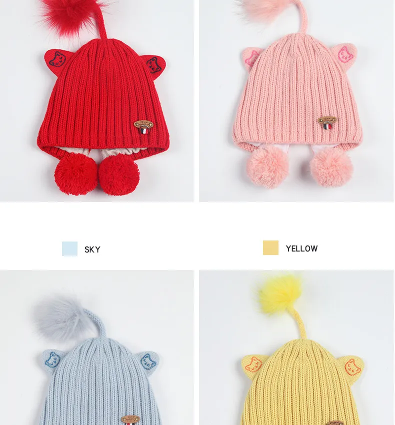 New Baby Knit Hat Autumn And Winter Thickening Female Baby Winter Hat  With Hair Ball Newborn Wool Hat Out Of The Ear Cap GCG42 (17)