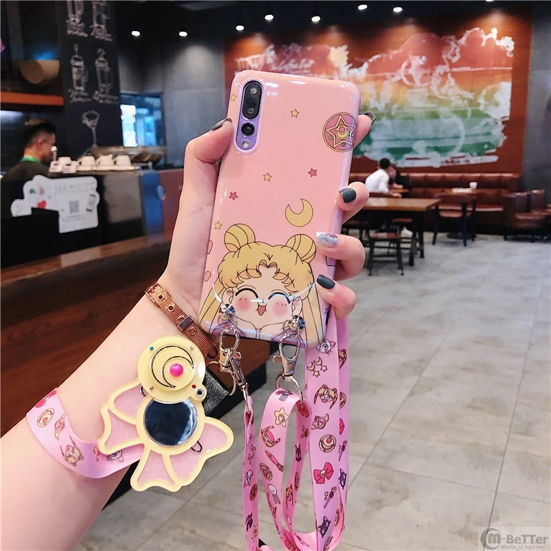 

For iPhone 8 plus case pink Sailor Moon phone cover for iphone 6/6s 7/8+ make-up mirror cross-body strap X/XS MAX girl gift XR