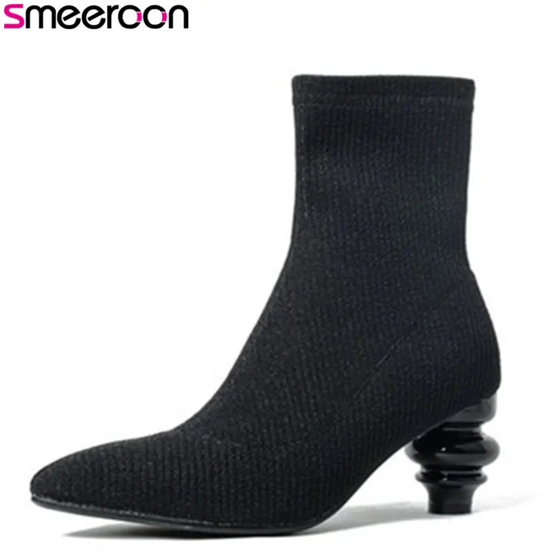 

Smeeroon 2018 fashion boots women strange style pointed toe high heels ankle boots high quality stretch fabric boots black