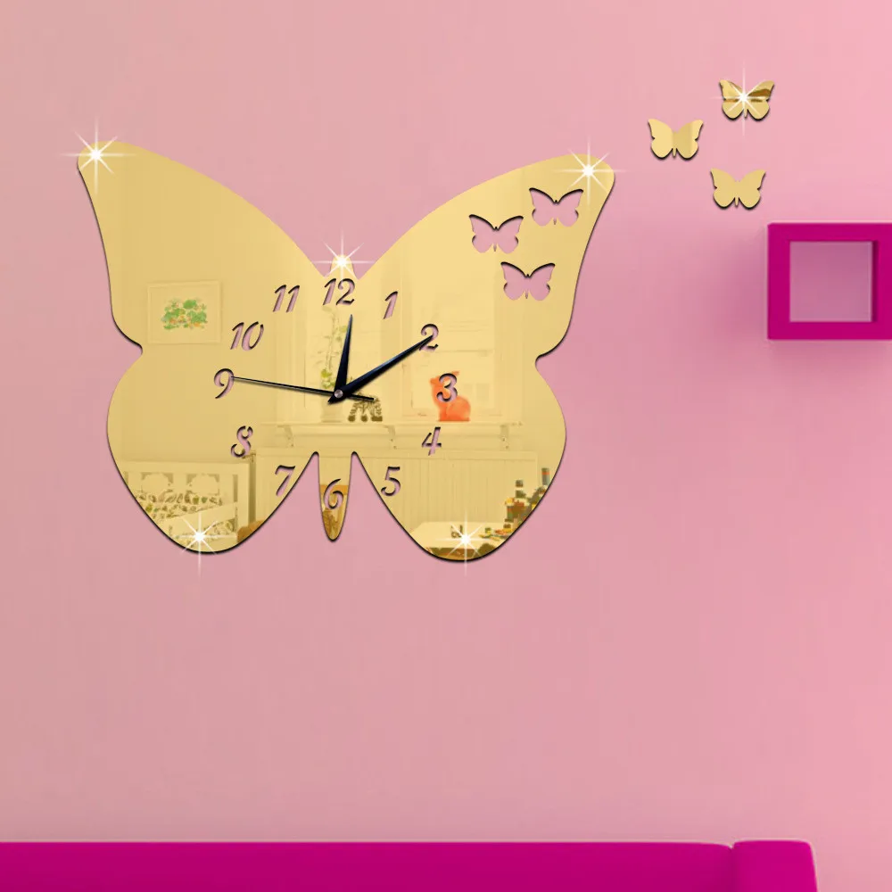 Высокое качество Лучшая цена акриловые бабочки Зеркало настенные часы настенные стикеры Фреска художественное украшение для дома часы saat
