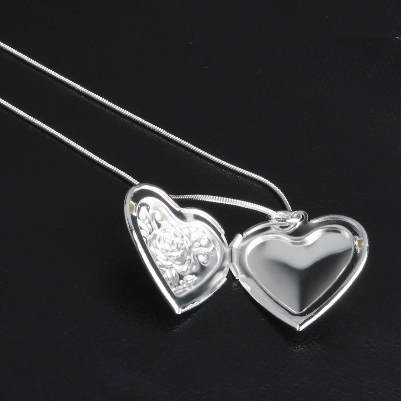Classic Vintage Rose Flower 925 Sterling Silver Needle Locket Double Heart Necklace Photo El Collar Pendant Women' Best Gift