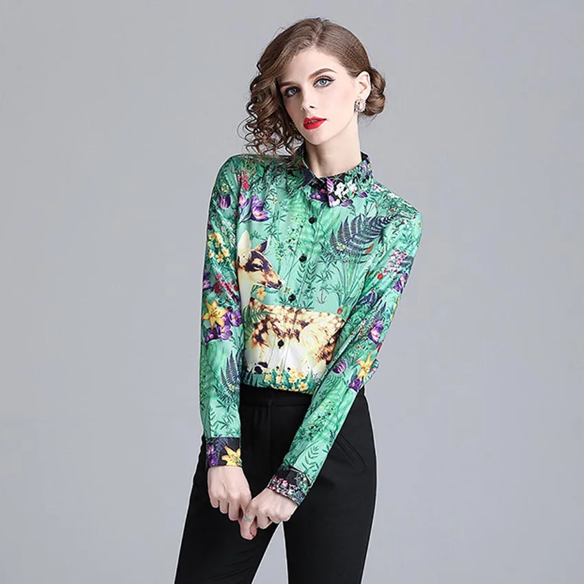 New Runway Design Autumn Women Blouse Printed Shirt Fashion Green Elegant Long Sleeves Office Shirt Female Holiday Party Top New Runway Design Autumn Women Blouse Printed Shirt Fashion Green Elegant Long Sleeves Office Shirt Female Holiday Party Top
