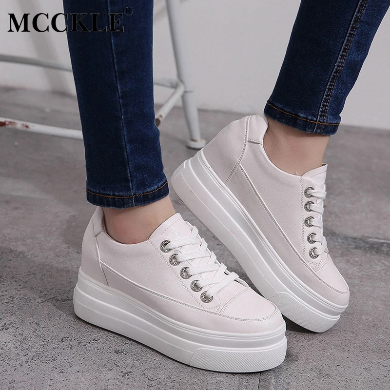 

MCCKLE Women Casual Flat Platform Vulcanized White Shoes Autumn Female Canvas Lace Up Sneakers Ladies Leisure Footwear