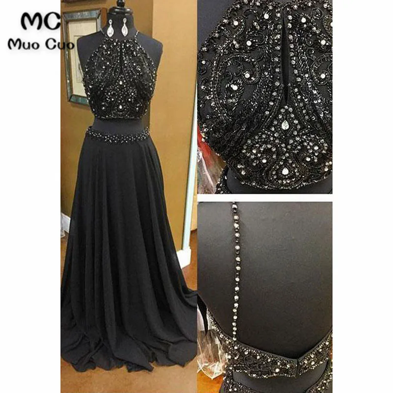 

Sparkly 2018 Beaded Evening Dresses Long Two Pieces Gown Crystals Chiffon Black Formal Evening Party Dress Custom Made