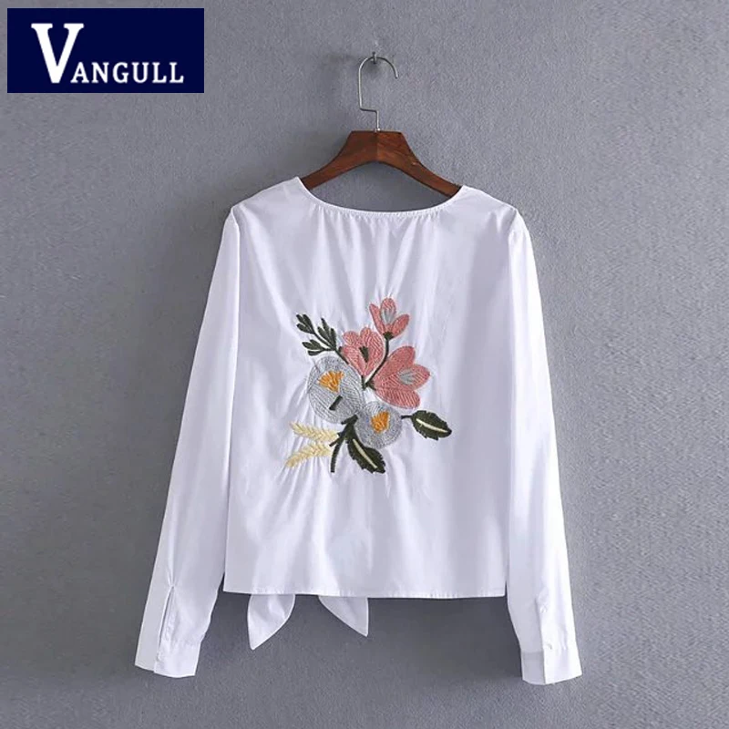 

Vangull Women cotton embroidery white Shirts O- neck back flowers embroidered shirt 2018 Summer&Winter Casual Shirts female tops