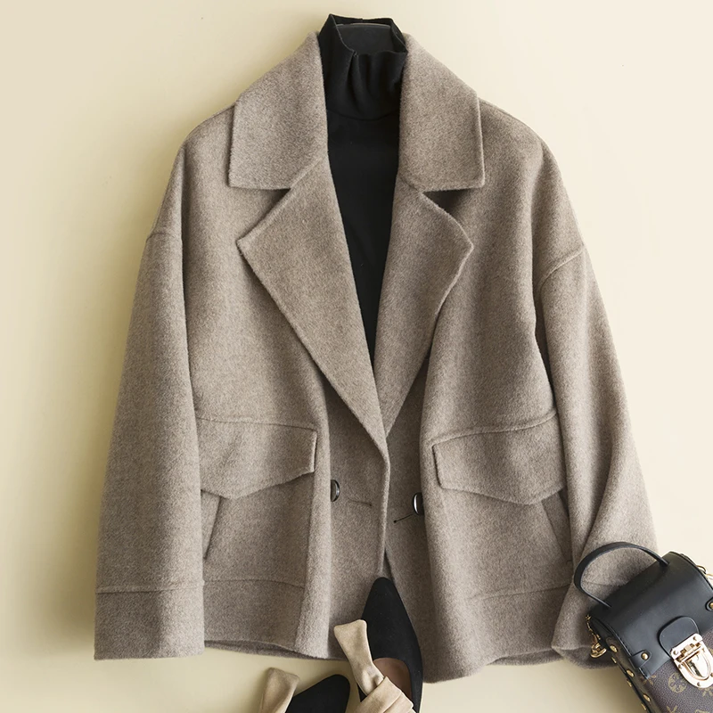 

KMETRAM 2019 Autumn Winter Coat Women Natural Wool Loose Short Jacket Ladies Handmade Double-sided Cashmere Korean Coats MY499