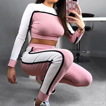 

Women Two Piece Outfits Women Tracksuit Patchwork Stripe Sweatshirt Pants Sets Lounge Wear Casual Cropped Sweatsuits