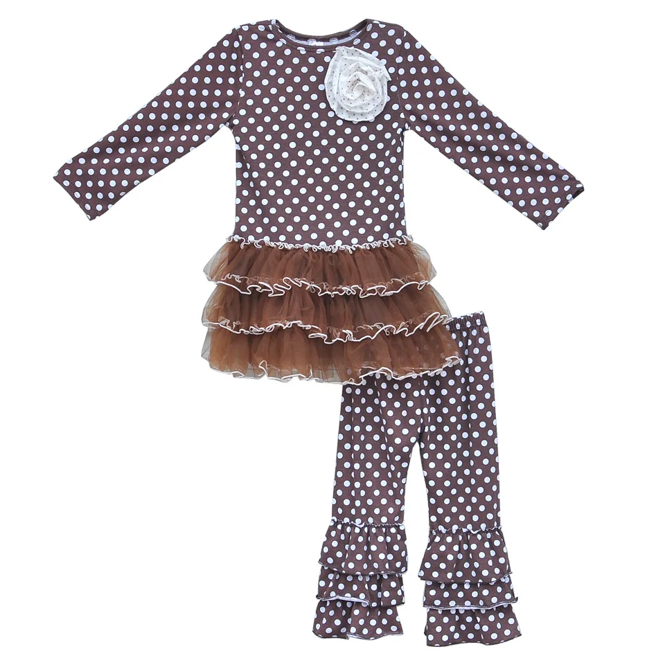 

Presnickety Remake Kids Cotton Sets Coffee Polka Dots Baby Clothes Child Ruffle Pants Toddler Girls Boutique Clothing Sets F033