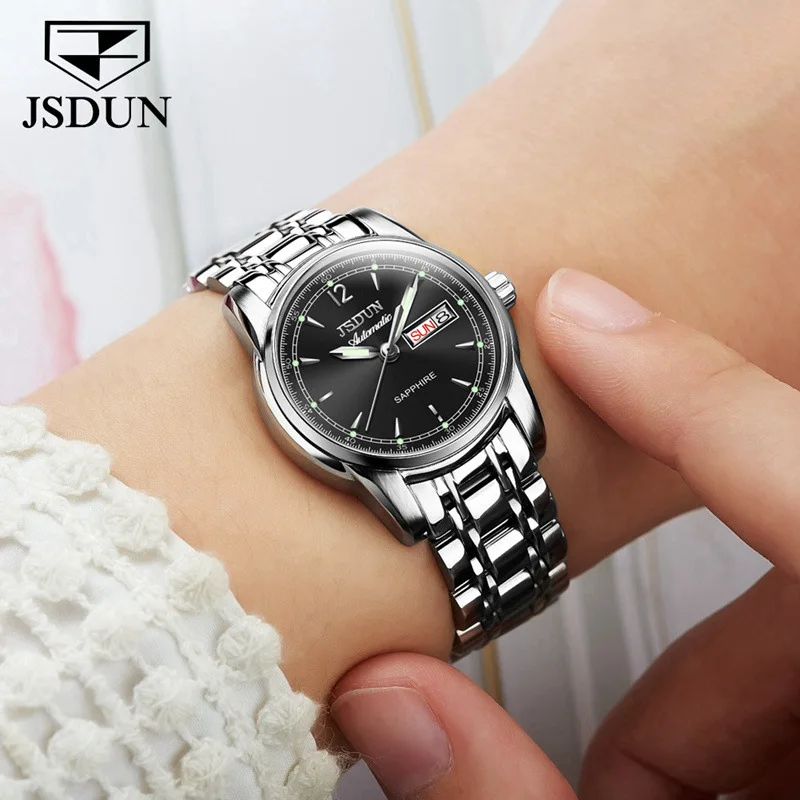 JSDUN женские часы автоматические механические часы женские водонепроницаемые часы люксовый бренд часы светящиеся стрелки Дата Неделя Мода Новинка - Цвет: Silver black