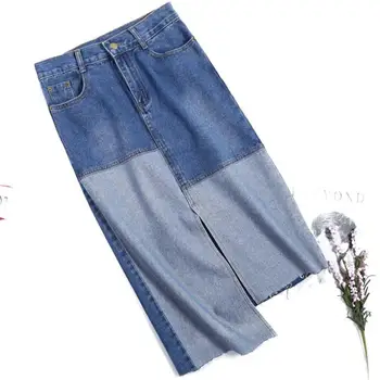 

plus size 9XL!Stitching high waist denim skirt women high waist a-line package hip split step jeans skirt