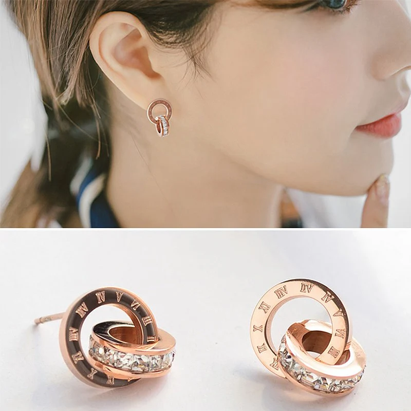 

LNRRABC Round Allergy Free Stainless Rose Golden Earrings 2PCS/Pair Crystal Dual Golden Alloy Earrings Silvery Roman Numerals