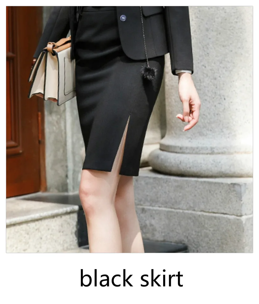 Осень Зима офис леди блейзер с длинным рукавом элегантный костюм Кнопка Мода Бизнес дела темперамент рабочая одежда Feminino пальто - Цвет: black skirt