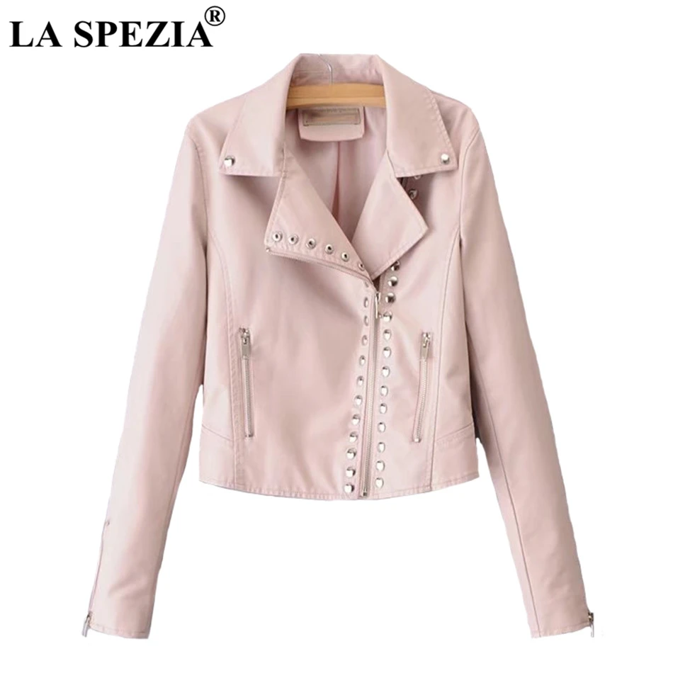 LA SPEZIA Brand Motorcycle Jacket Women Burgundy Leather Jackets Ladies Zipper Pockets Rivets Short Biker Classic Autumn Coats