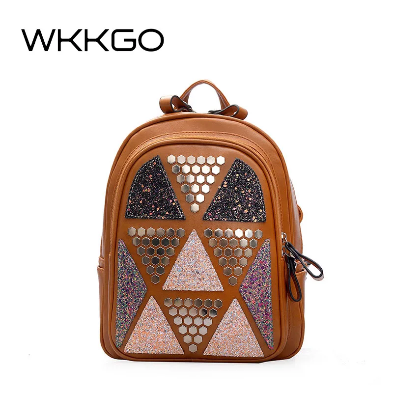 

WKKGO Fashion Rivet Patchwork Rucksack Girl Schoolbag Office Backpack Shopping Women Bag High Quality Travel Bags Lady Backpacks