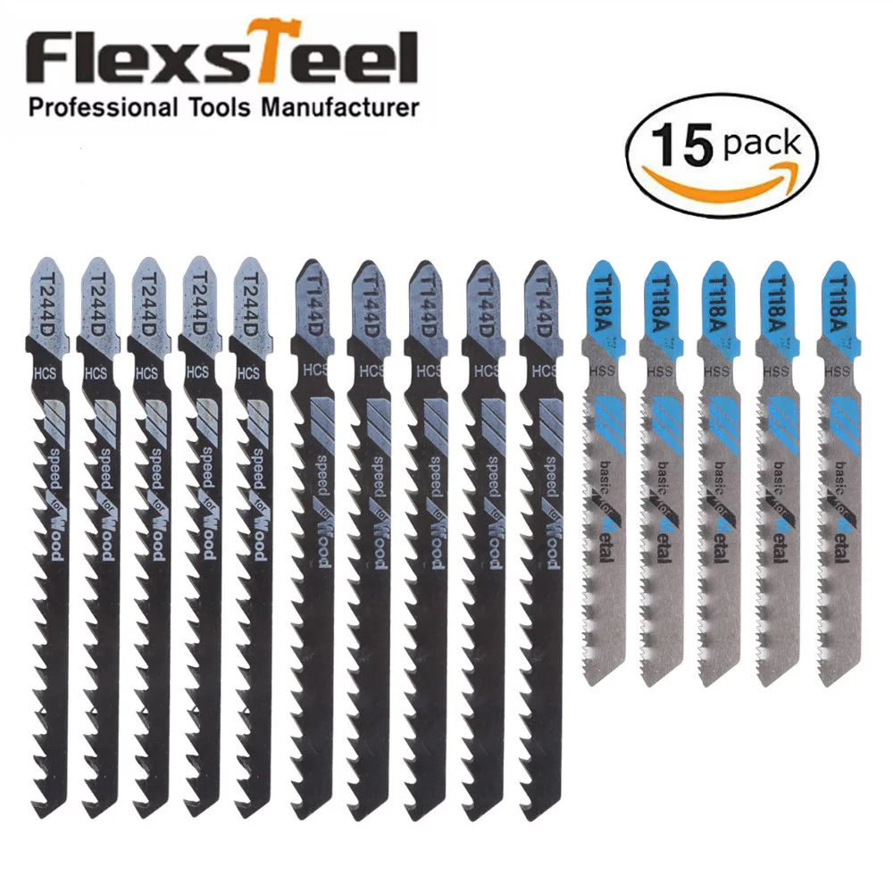 

Flexsteel 15 Pieces Jig Saw Blades Assorted T244D T144D T118A For Curved and Fast Cuts in Hard and Soft Woods