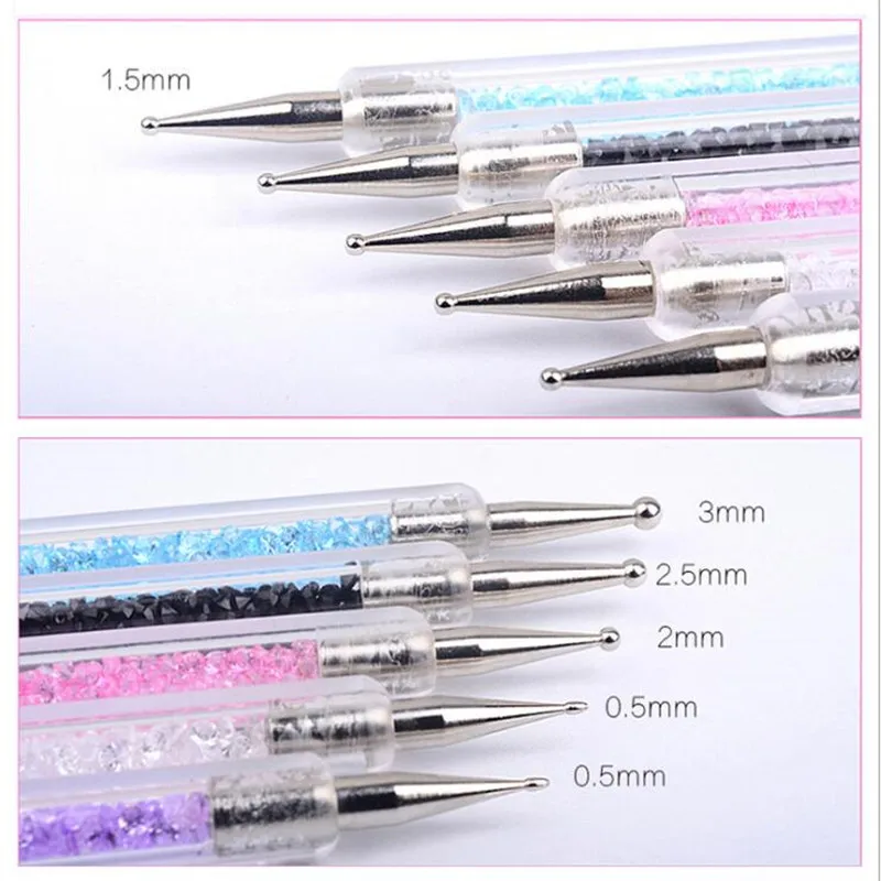 

5pcs/set Acrylic 2 Ways Nail Art Dotting Pen Colorful Rhinestone Nail Decoration Painting Brush Nails Design Tools