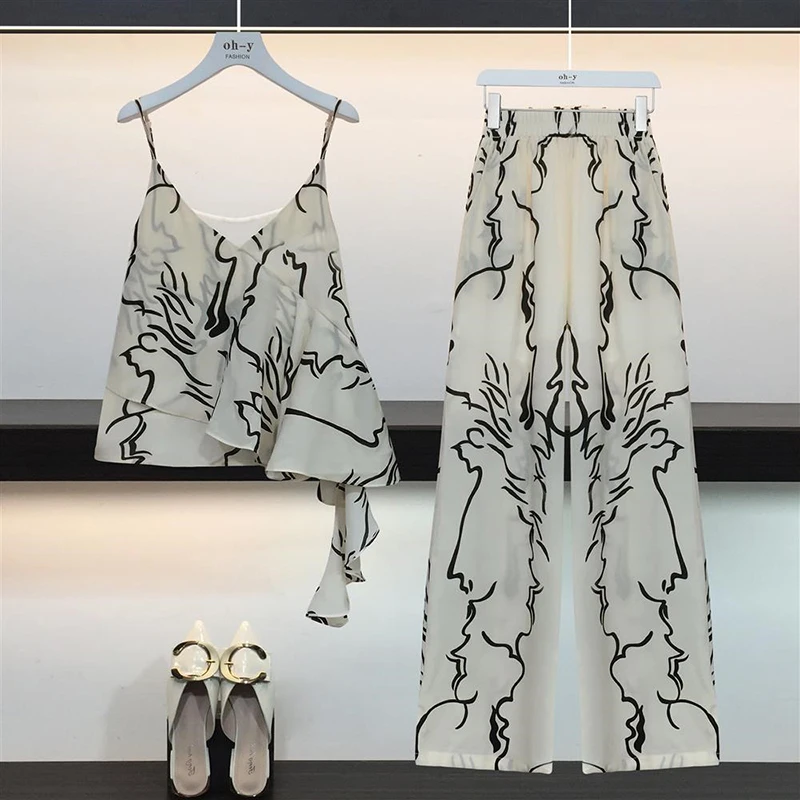 

2019 Summer Chiffon Beach Two Piece Sets Clothes Women Sexy Ruffles Print Suspender Crop Top + Pants Suits Woman 2 Pcs Set
