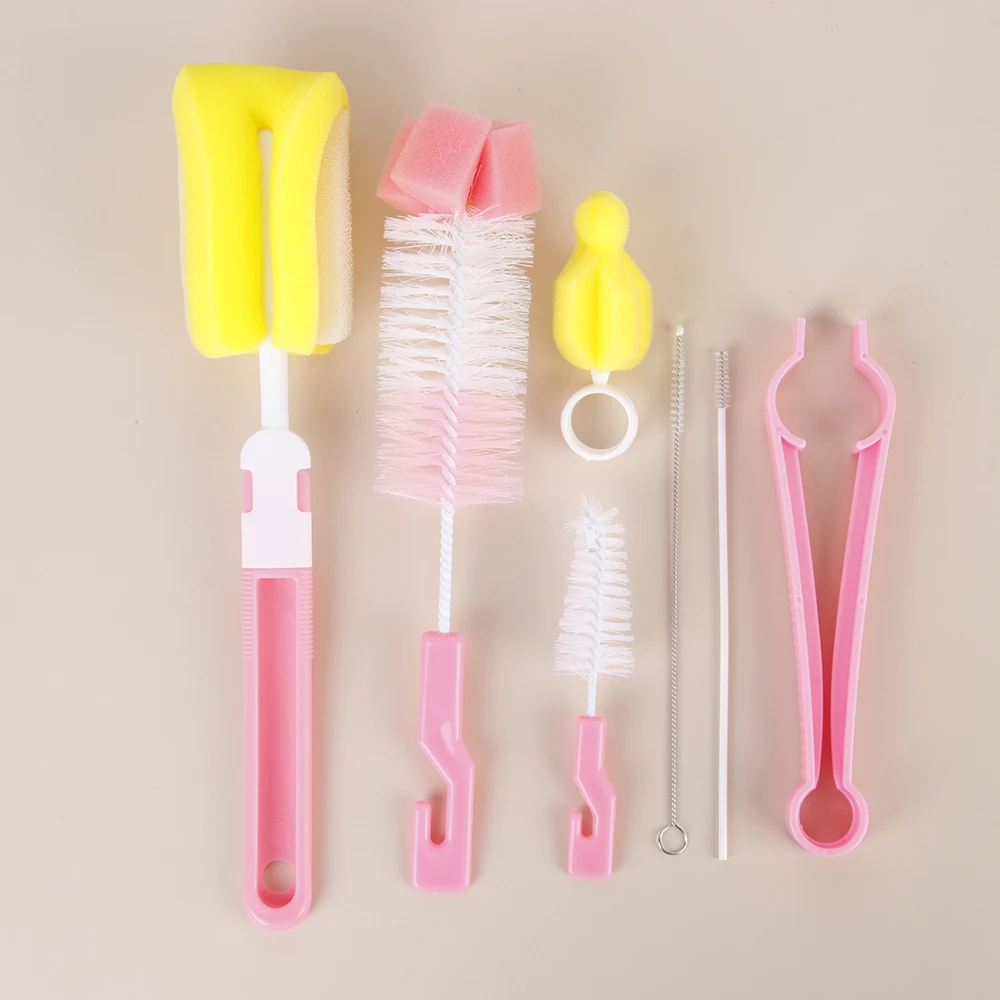 

7pcs/set Baby Bottle Brush Baby Kids Nipple 360-degree Rotating Clean Sponge Spout Cup Feeding Bottle Brush Washing Head Tool