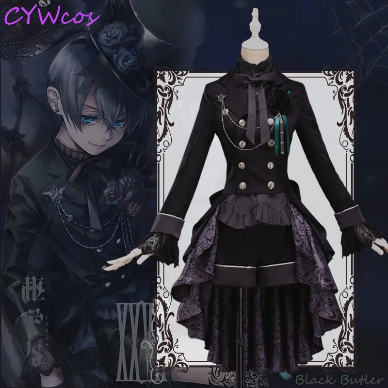 Черный маскарадный костюм дворецкий Ciel Phantomhive аниме черное розовое платье