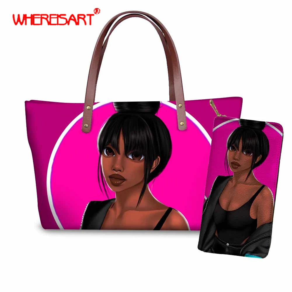 

WHEREISART Ladies Hand Bags with Purse 2019, African Girls Black Art Prints Women's handbags with purses set