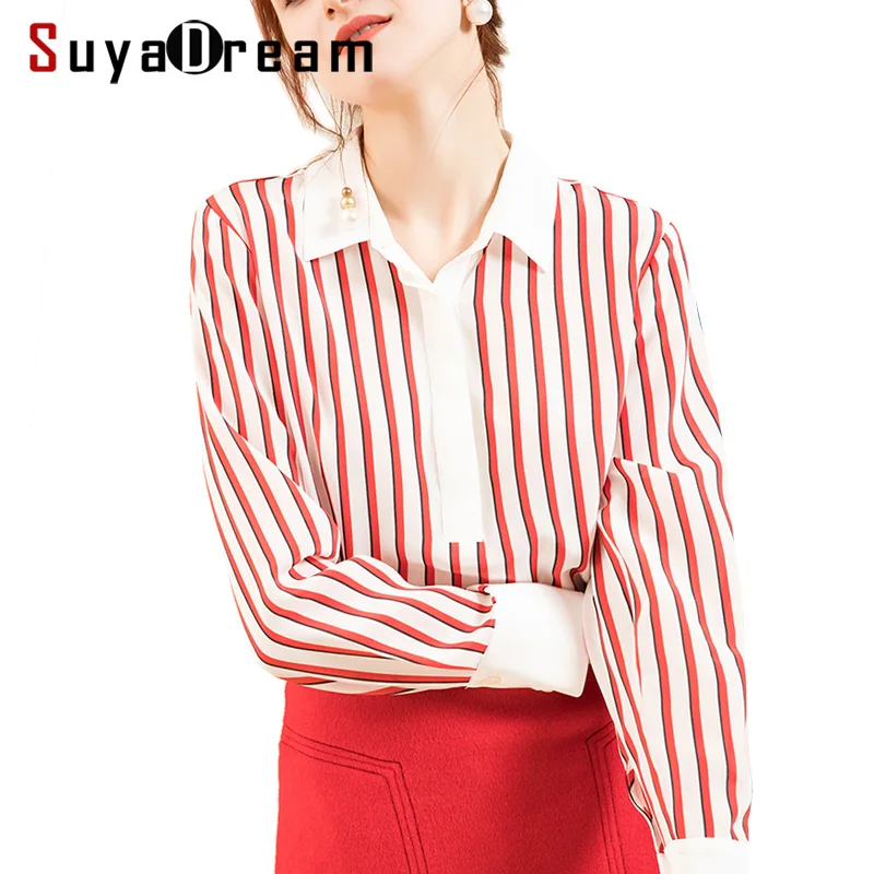 

Women Silk Blouse 18MM 100% Real Silk Crepe Long Sleeved Red Striped Office Lady Blouses for Women 2019 Spring New Shirt