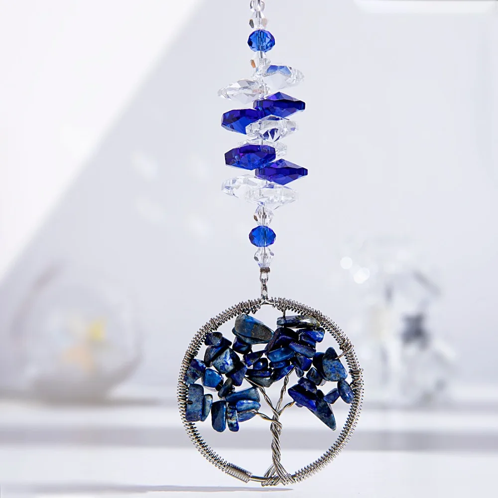 

H&D Tree of Life Crystal Suncatcher Window Ornament Feng Shui Healing Crystal Gemstone Wire Tree Pendant Gift for Home Decor