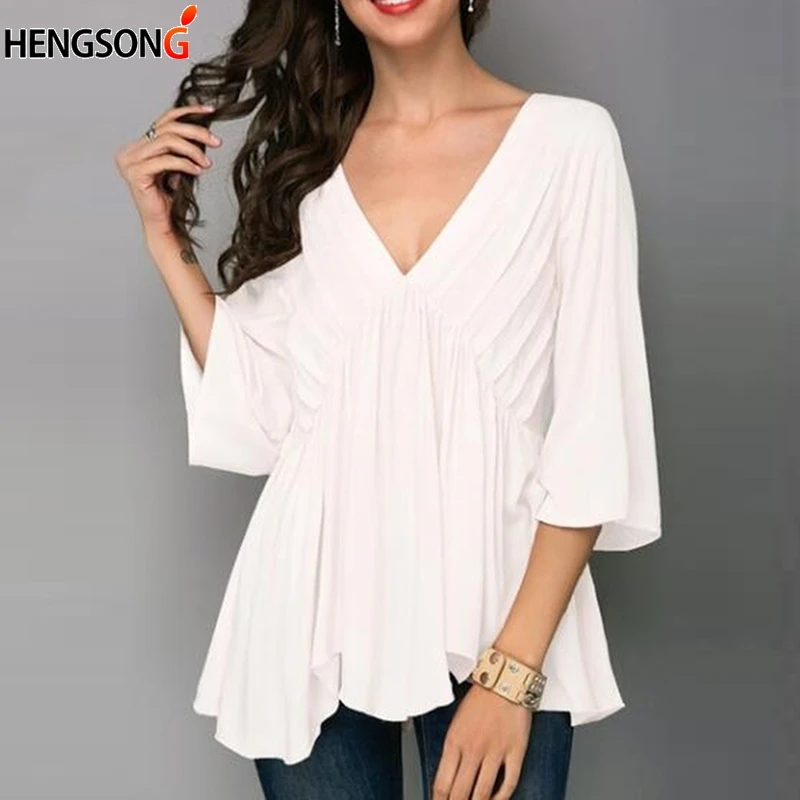 Women Blouses Solid Color Blouse V Neck Top Women Modern