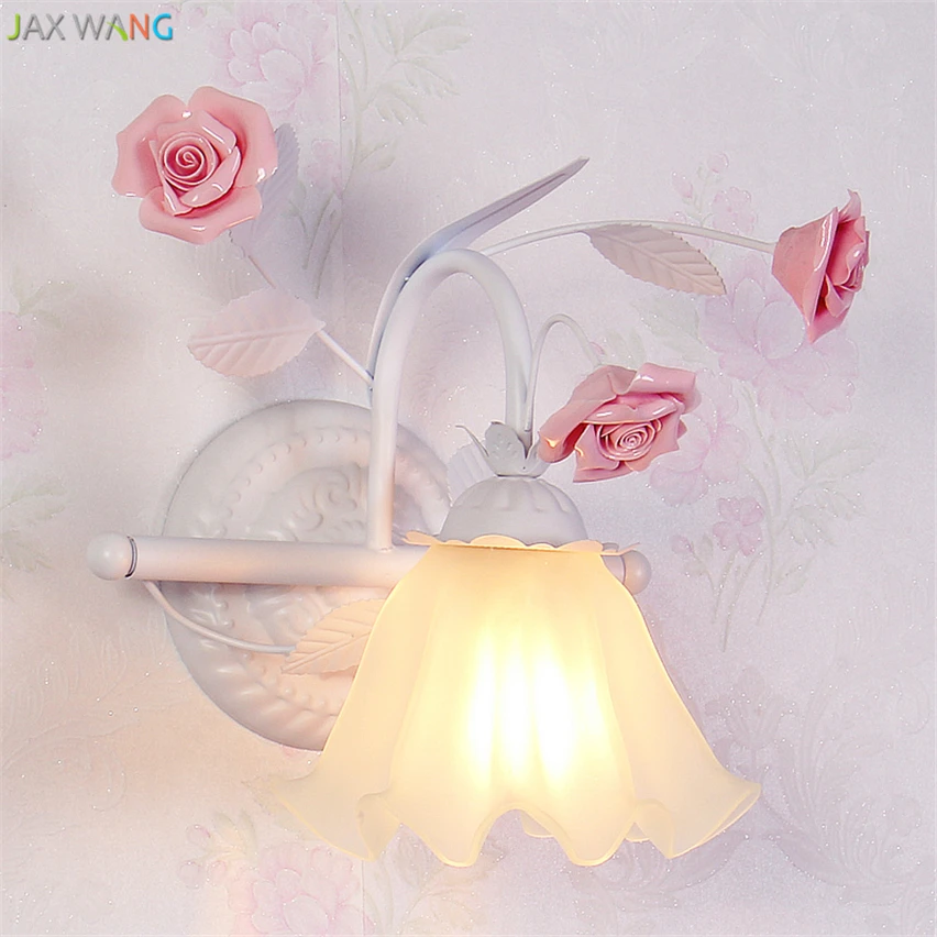 JW Europe Style Creative Pink Flower Iron Wall Lamp Princess Rose Flower Wall Lights for Living