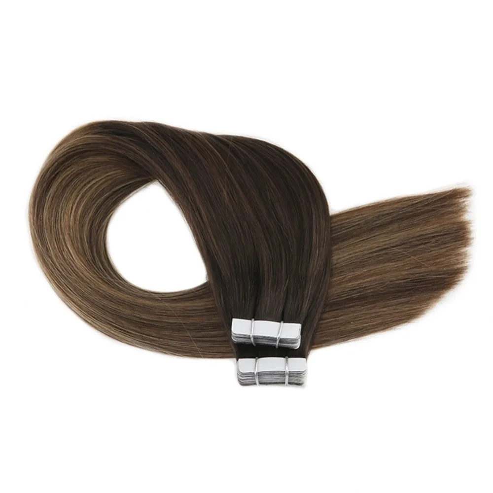 Moresoo Tape in Hair Extensions Human Hair Real Remy Hair Balayage Ombre Color #1B to #3 Brown Highlighted with #27 Blonde