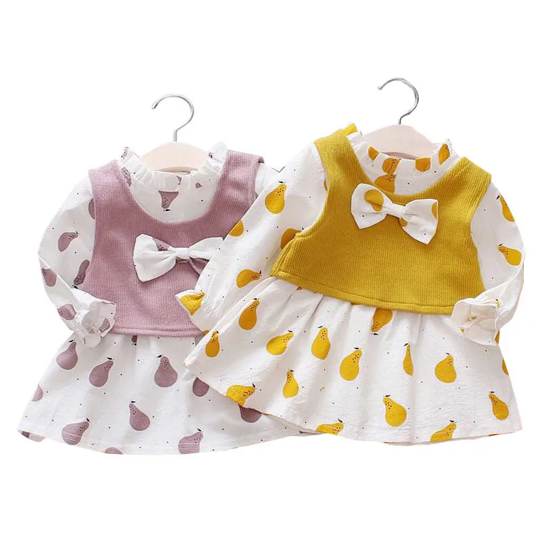 Toddler Fall Clothes Baby Girls Autumn 2018 Girls Suit Cotton Dress + Knit Vest 2 Pcs Set Bow Little Girls Clothing Cute