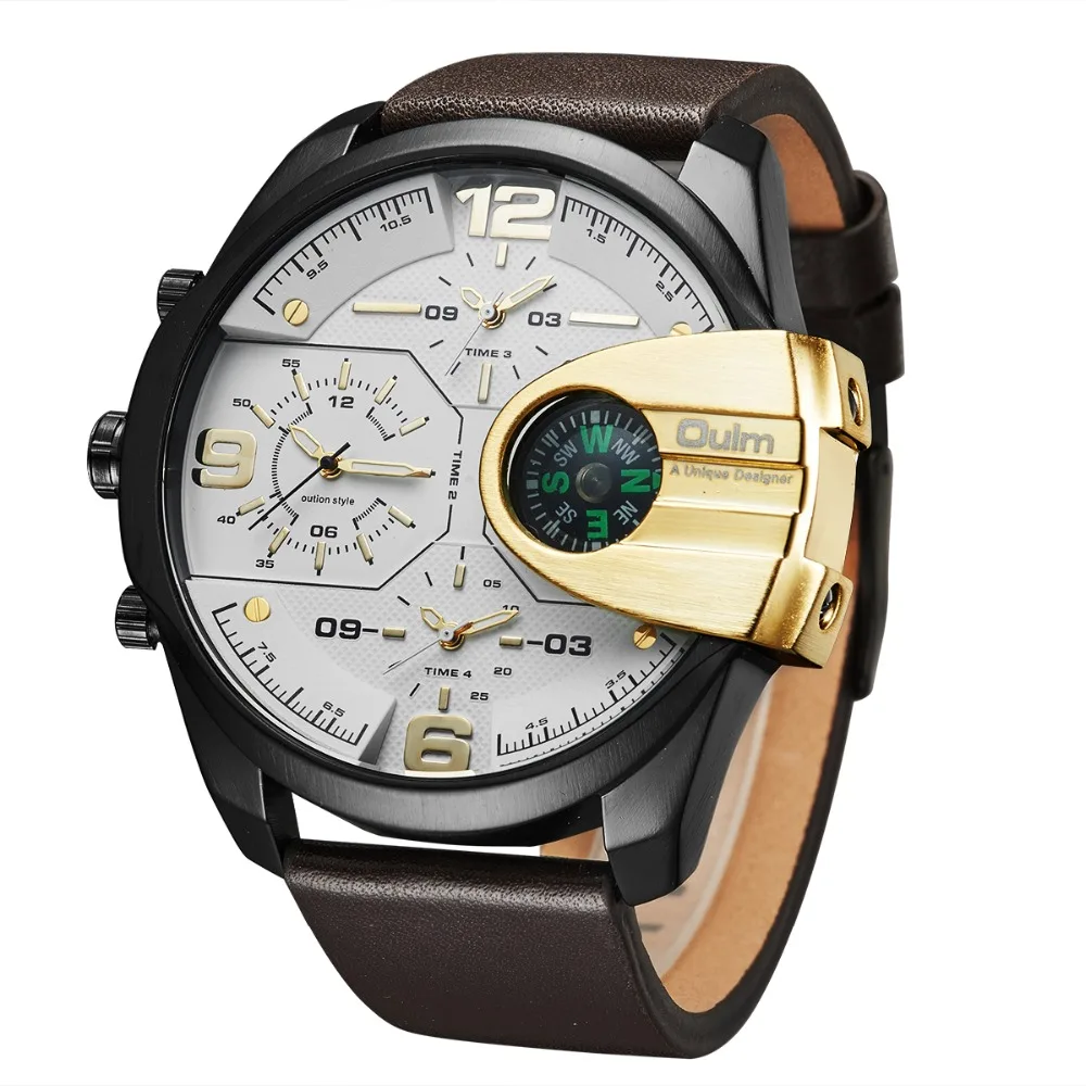 

OULM Brand Luxury Relogio Watch Business Leather Strap Military Dual Display Compass Design Sports Quartz Three time Watch