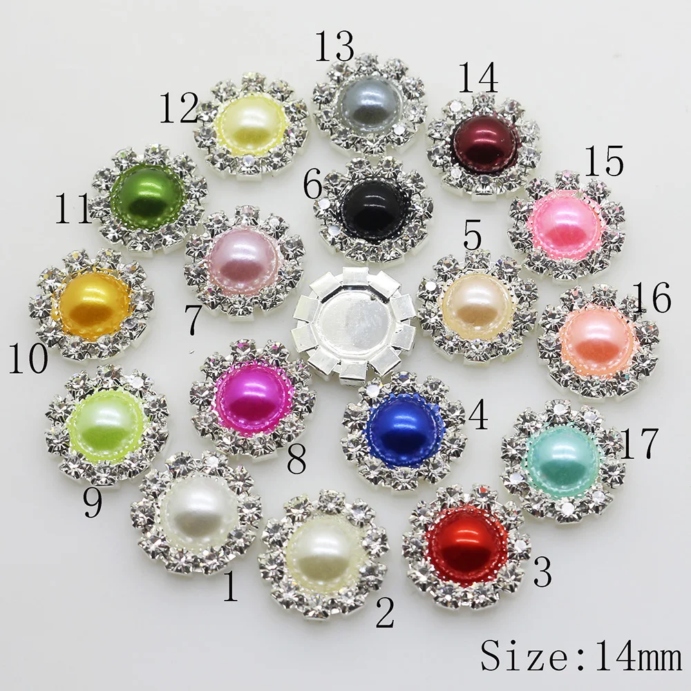 

New 10pc 14MM silver Round Multiple color pearl rhinestone button wedding decoration clothing Accessories hair scrapbooking