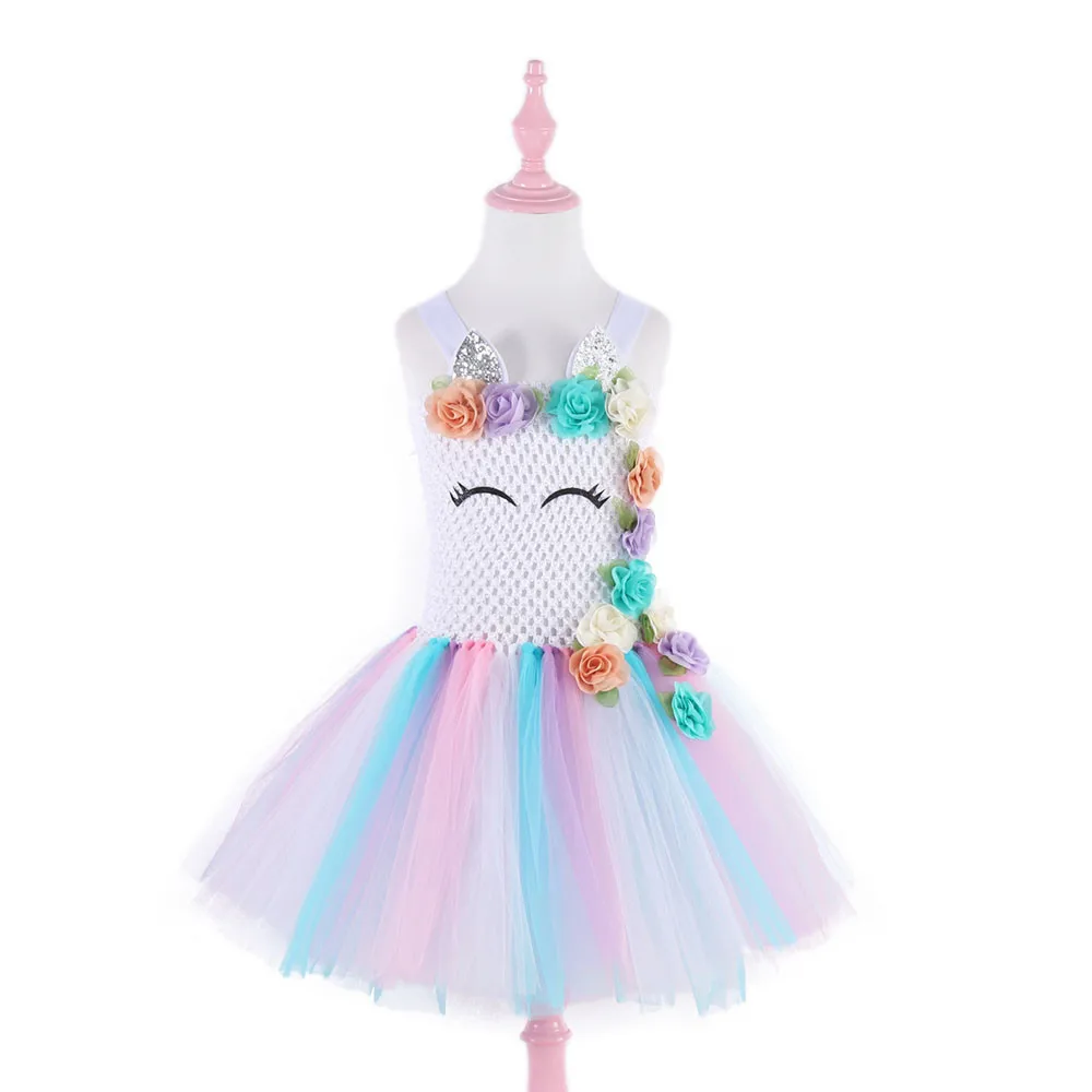 

Children Girls Unicorn Dress Rainbow Party Dress Elegant Costume Kids Wedding Dresses For Girls With Headband