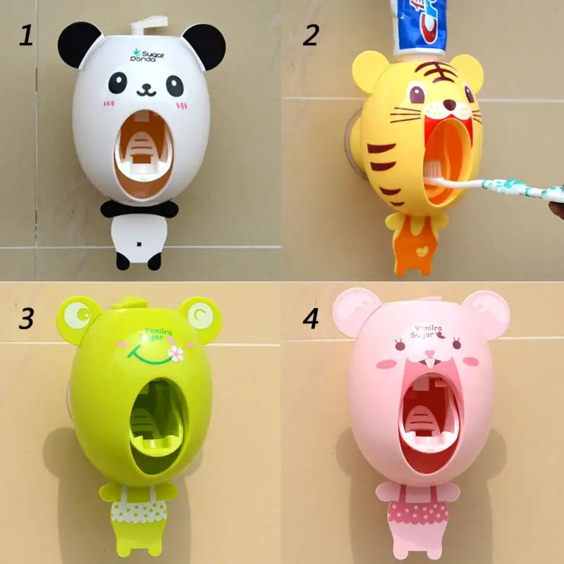 Nuevo juego de diseño de animales de dibujos animados para niños con soporte de cepillo de dientes para el hogar dispensador automático de pasta de dientes Nuevo juego de diseño de animales de dibujos animados para niños con soporte de cepillo de dientes para el hogar dispensador automático de pasta de dientes