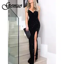 Sleeveless long sequin dress Women high slit spaghetti strap dresses Sexy V neck club party dress Maxi black sequined vestidos high slit long sleeveless cami dress