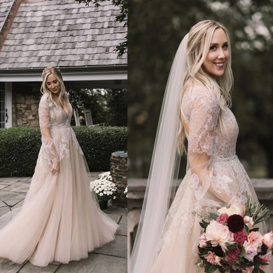 

V-neck Neckline Soft Tulle Long Sleeves Lace Applique A-line Wedding Dress with Beading Belt Backless Sweep Train Bridal Dress