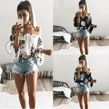 

Hot sale women fashion Elastic shoulder Sexy Bare shoulder printing Long Sleeve Top Tighten waist T-shirt