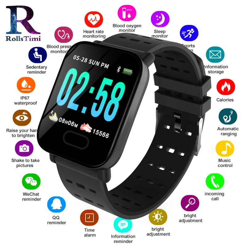 

RollsTimi Men's Smart Watches Heart Rate Monitor Wristband IP67 Waterproof Smart Wrist Watch Women Fitness Tracker Smartwatch