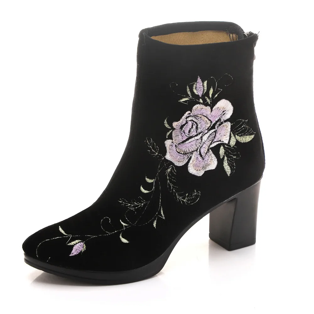 Veowalk High End Floral Embroidered Women Cotton Short Ankle Boots Ladies Casual Block High Heel Pumps Shoes for Elegant Ladies 32