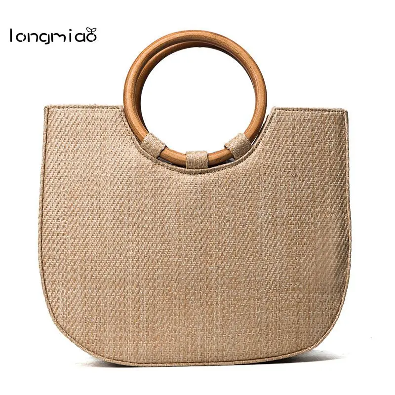 longmiao Ring Wooden Handle Beach Handbags Casual Handmade Straw Bag Women s Knitting Tote Ladies Messenger