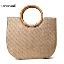 Longmiao Anneau En Bois Poignée Plage Sacs À Main À La Main Occasionnel Paille Sac Femmes de Tricot Fourre-Tout Dames Messenger Cross Body Sacs
