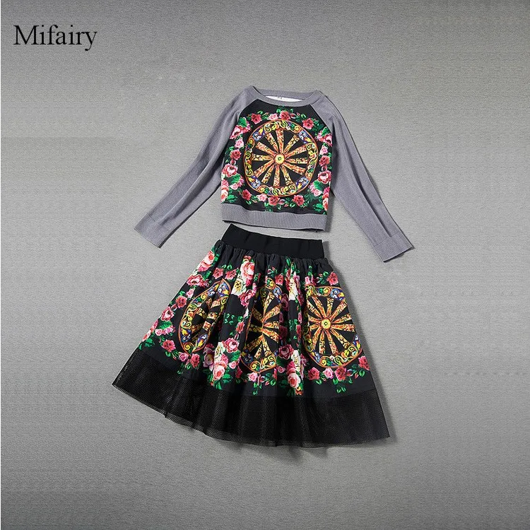 

2017 Italy Milan Runway Long Sleeves Top And Mini Skirts Sicily Print 2 Pieces Sets Women 122301