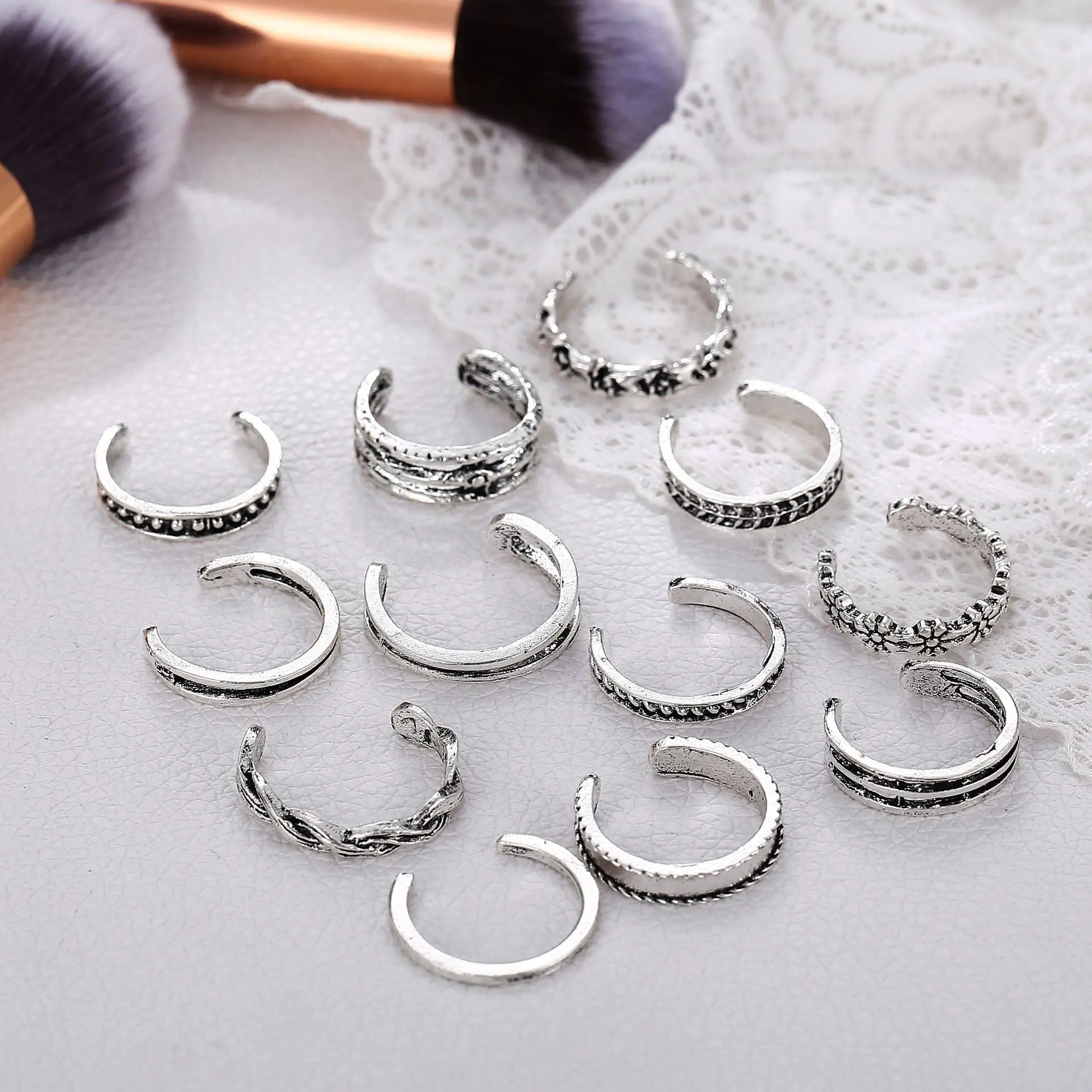 

Women Jewelry Trendy 12 Pcs/Set Mix Celebrity Fashion Simple Retro Carved Flower Adjustable Toe Ring Foot