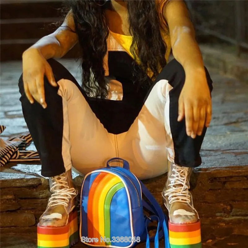 Clear PVC Transparent Lace-Up Rainbow Platform Heels Sandal Boots Cloud Print Comfortable Casual Shoes image 6