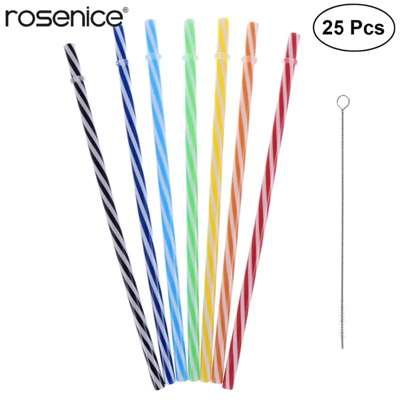 

25pcs Pure Color Reusable Plastic Thick Drinking Straws Two Colors Threaded Straw for Party Home Use with Brush (Mixed Colors)