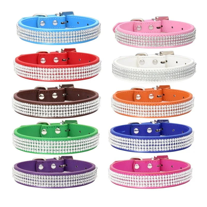 

Bling Reinstones Adjustable PU Strap Dog Collar For Small Big Pet All Size Pet Dogs Collars Multiple Colors