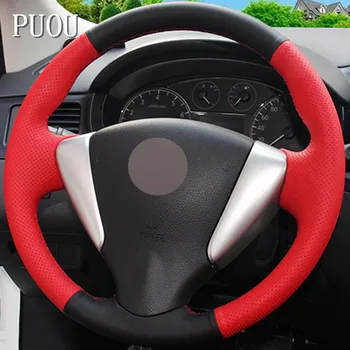 

Black Red Genuine Leather Hand-stitched Car Steering Wheel Cover for Nissan Tiida Sylphy Sentra Versa Note 2014-2017